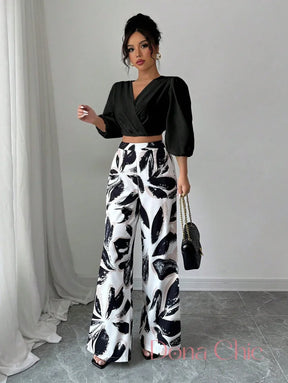 Conjunto Cropped Transpassado Com Calça Estampada Conjunto Elegante com Blusa Bufante e Calça Wide Leg Floral
