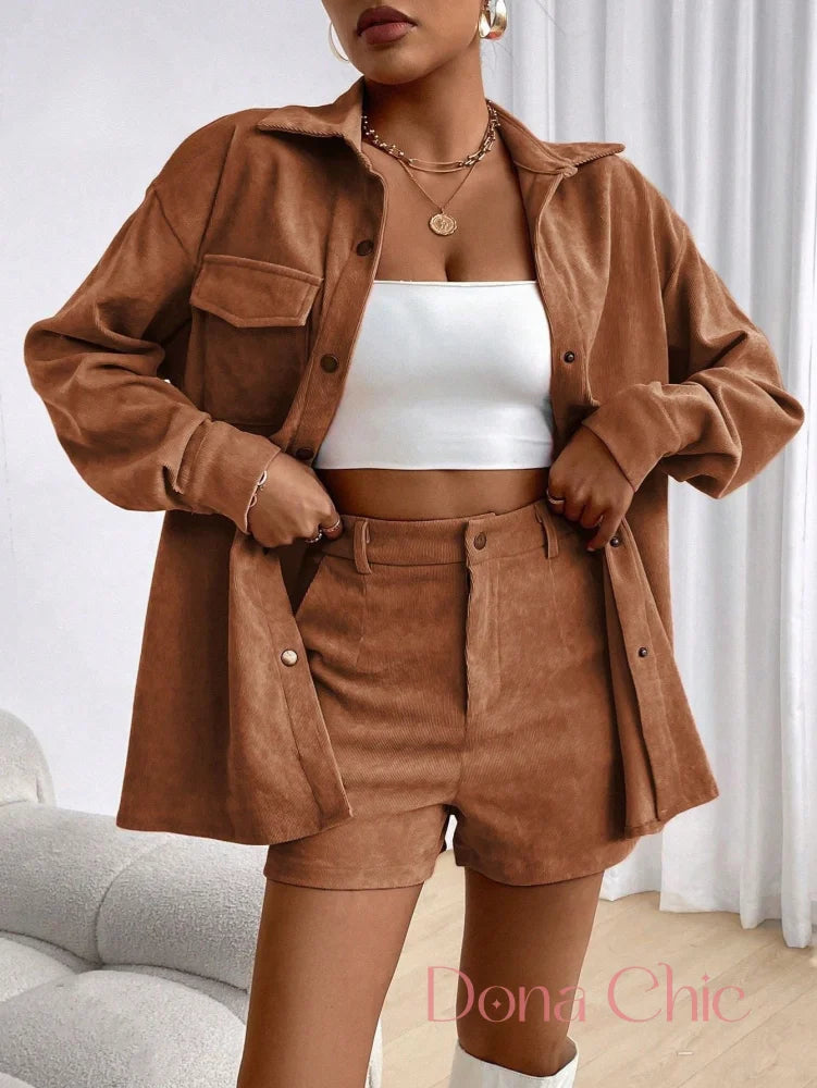 Conjunto De Alfaiataria Com Camisa E Short Moderno Castanho / P Conjunto De Alfaiataria Com Camisa E Short Moderno