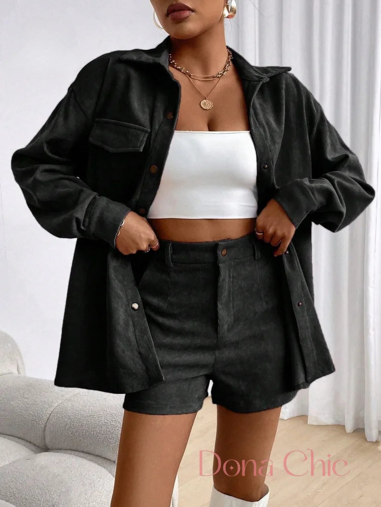 Conjunto De Alfaiataria Com Camisa E Short Moderno Preto / P Conjunto De Alfaiataria Com Camisa E Short Moderno