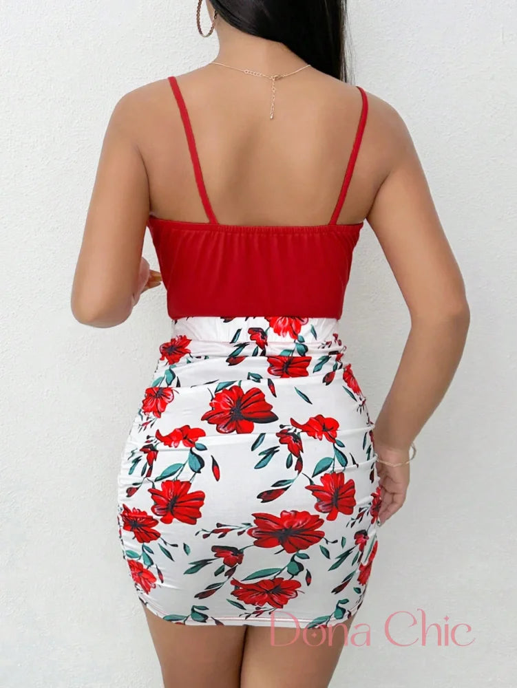 Conjunto Decote V Com Saia Justa Estampada Floral Conjunto Com Zíper Frontal E Saia Longa Com Fenda