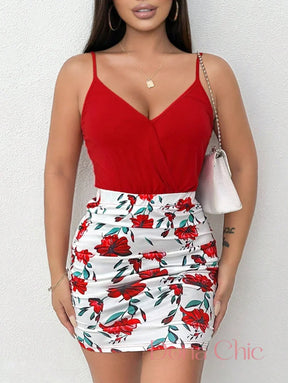 Conjunto Decote V Com Saia Justa Estampada Floral Conjunto Com Zíper Frontal E Saia Longa Com Fenda