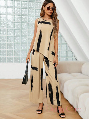 Conjunto Estampado Abstrato Com Blusa Assimétrica E Calça Caqui / P Conjunto Estampado Abstrato Com Blusa Assimétrica E