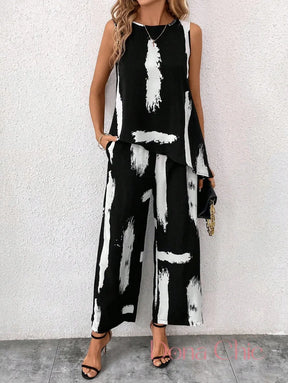 Conjunto Estampado Abstrato Com Blusa Assimétrica E Calça Preto / P Conjunto Estampado Abstrato Com Blusa Assimétrica E