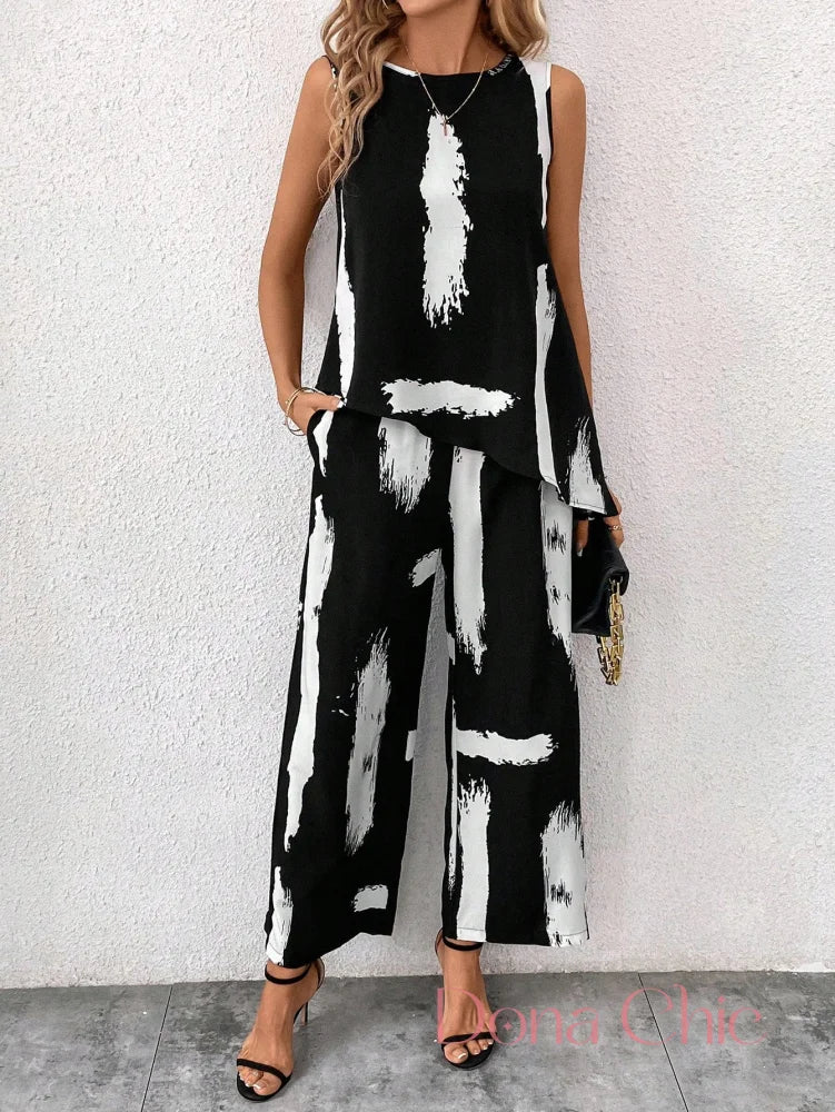 Conjunto Estampado Abstrato Com Blusa Assimétrica E Calça Preto / P Conjunto Estampado Abstrato Com Blusa Assimétrica E