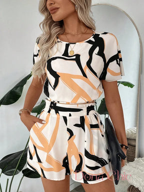 Conjunto Estampado Abstrato Com Cintura Alta Ajustada Conjunto Regata Contrastante Com Shorts De Cintura Alta