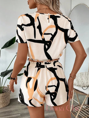Conjunto Estampado Abstrato Com Cintura Alta Ajustada Conjunto Regata Contrastante Com Shorts De Cintura Alta
