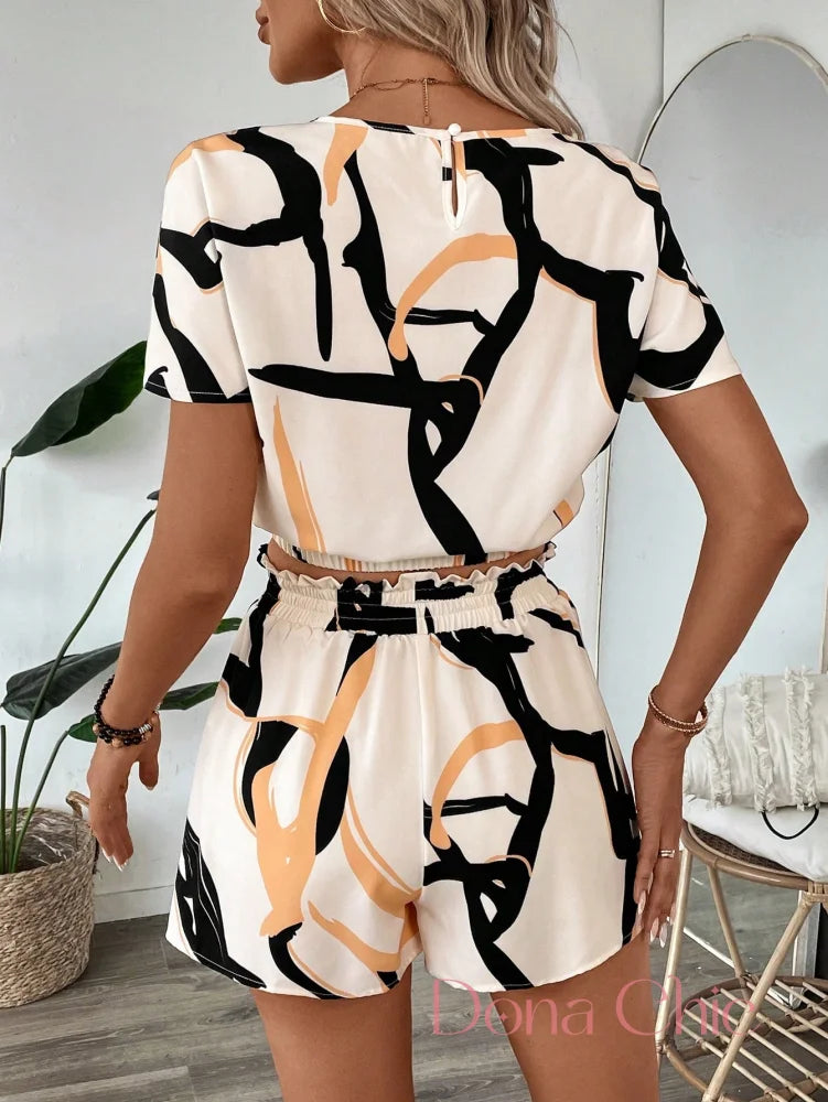 Conjunto Estampado Abstrato Com Cintura Alta Ajustada Conjunto Regata Contrastante Com Shorts De Cintura Alta