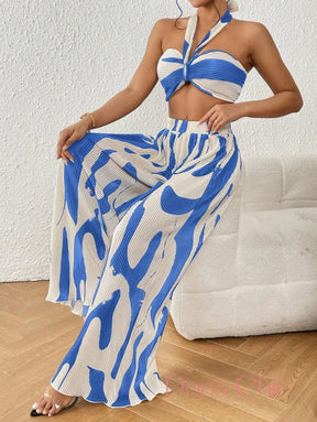 Conjunto Estampado Com Top Torcido E Calça Plissada Azul / P Conjunto Estampado Com Top Torcido E Calça Plissada