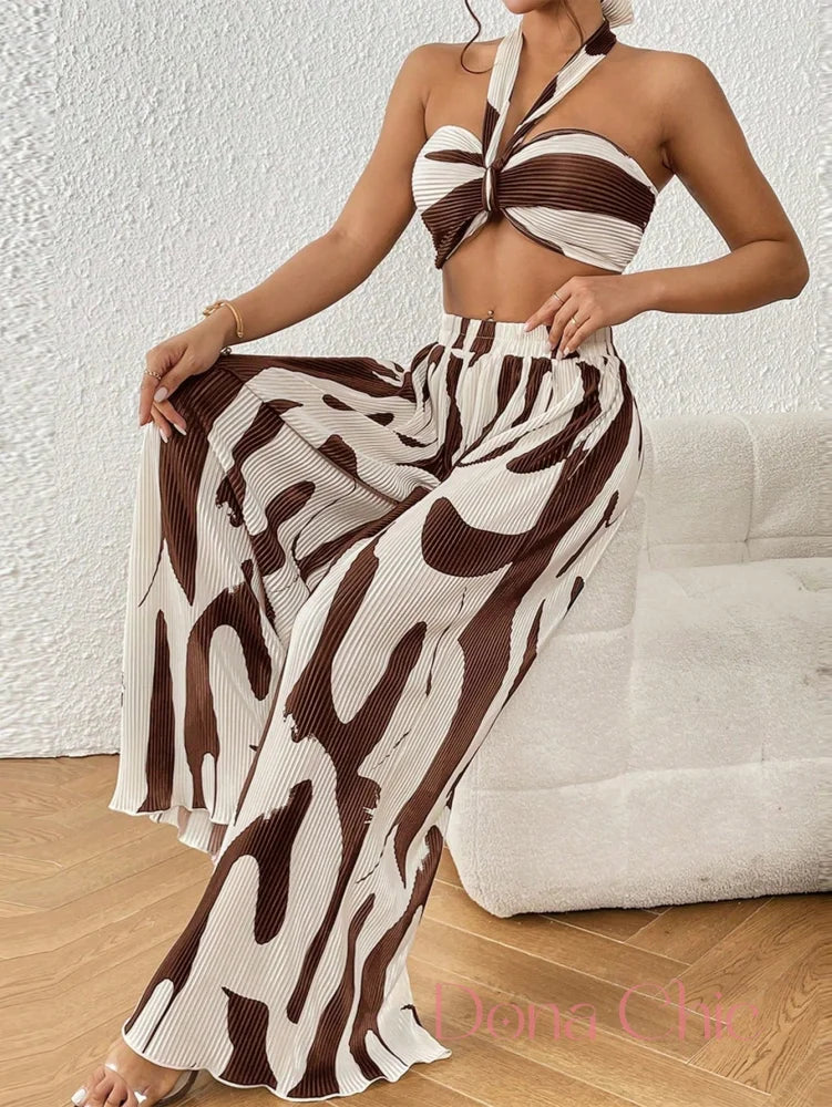 Conjunto Estampado Com Top Torcido E Calça Plissada Chocolate / P Conjunto Estampado Com Top Torcido E Calça Plissada