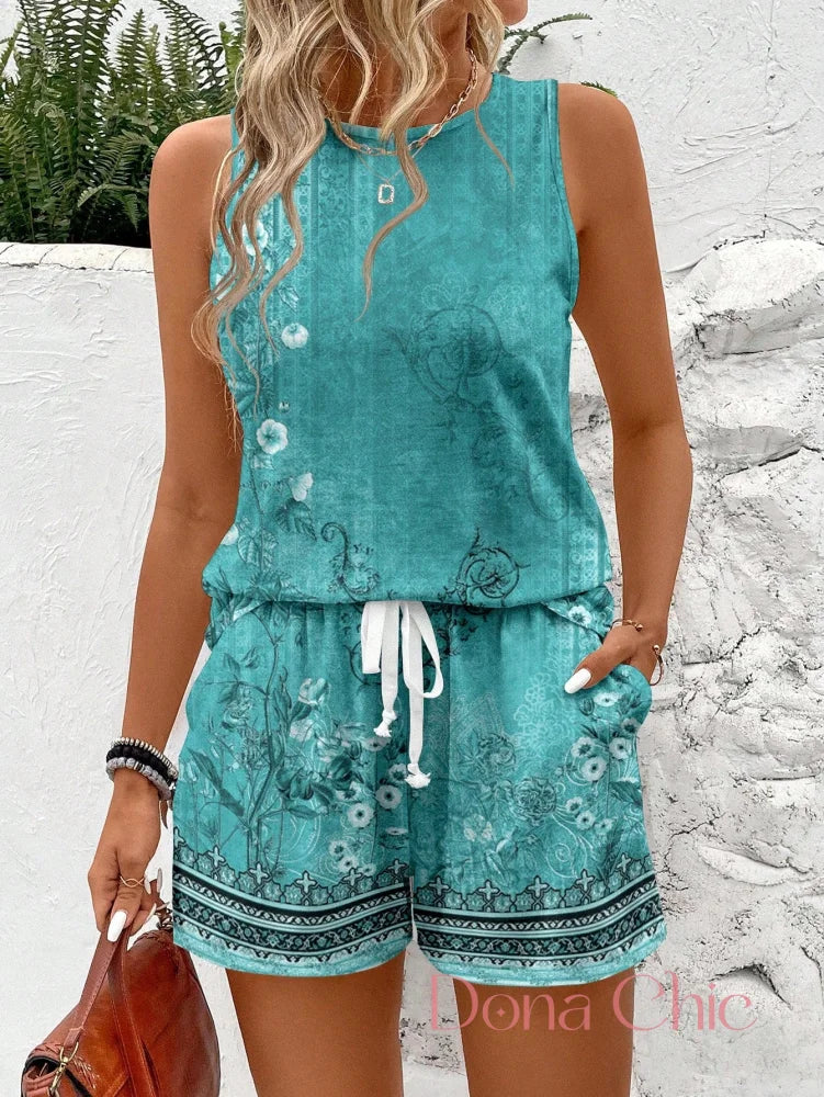 Conjunto Floral Regata Com Shorts Estilo Boho Ciano / P Conjunto Estampado com Regata e Shorts com Bolsos