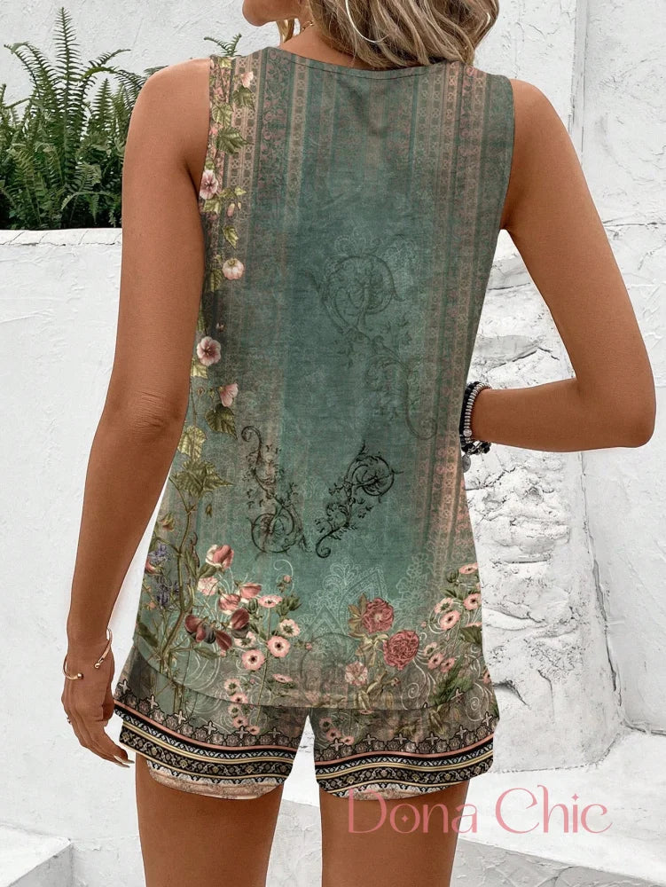 Conjunto Floral Regata Com Shorts Estilo Boho Conjunto Estampado com Regata e Shorts com Bolsos