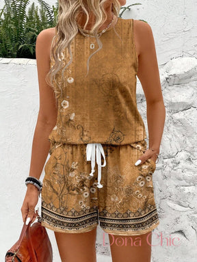 Conjunto Floral Regata Com Shorts Estilo Boho Conjunto Estampado com Regata e Shorts com Bolsos