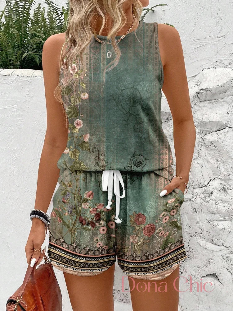 Conjunto Floral Regata Com Shorts Estilo Boho Verde / P Conjunto Estampado com Regata e Shorts com Bolsos