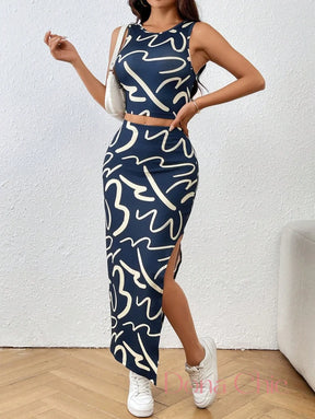 Conjunto Justo Estampado Com Fenda Lateral Azul Marinho / P Conjunto Justo Estampado Com Fenda Lateral