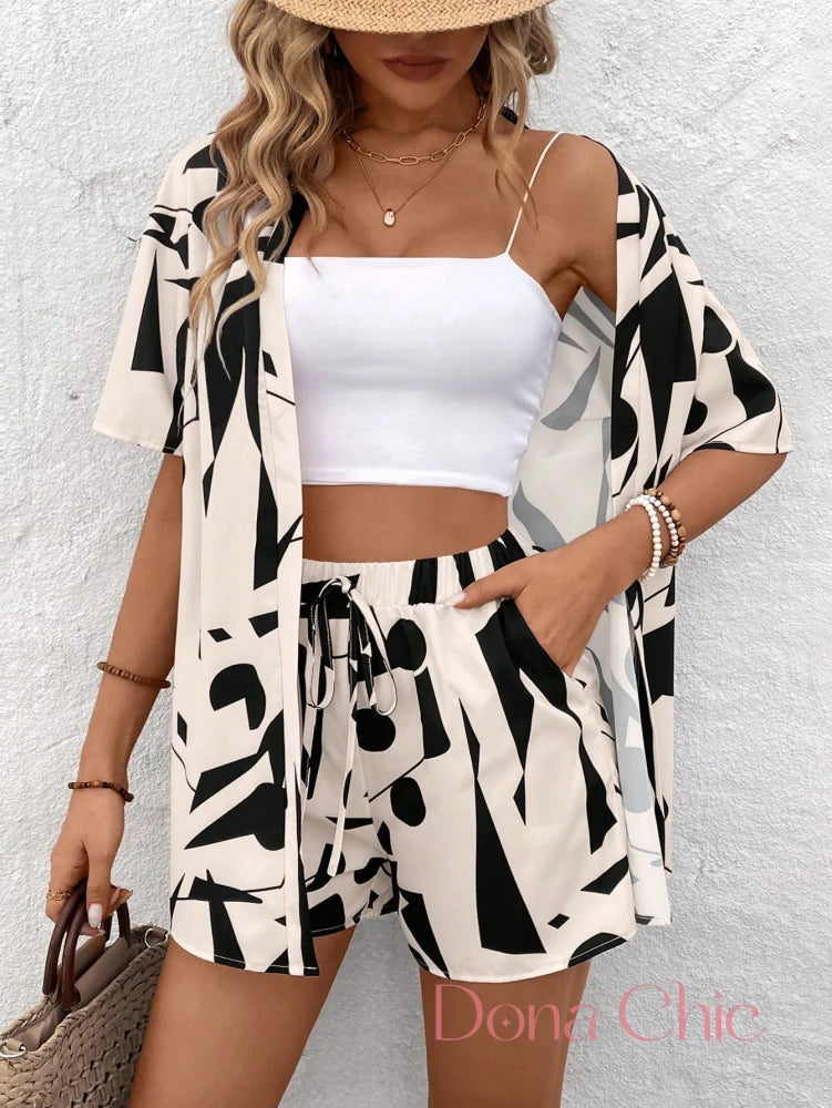 Conjunto Kimono Estampa Tropical Com Top Cropped E Shorts Damasco / P Conjunto Kimono Estampa Tropical Com Top Cropped