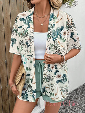 Conjunto Kimono Estampado Com Top Branco E Shorts Conjunto Kimono Estampado Com Top Branco E Shorts