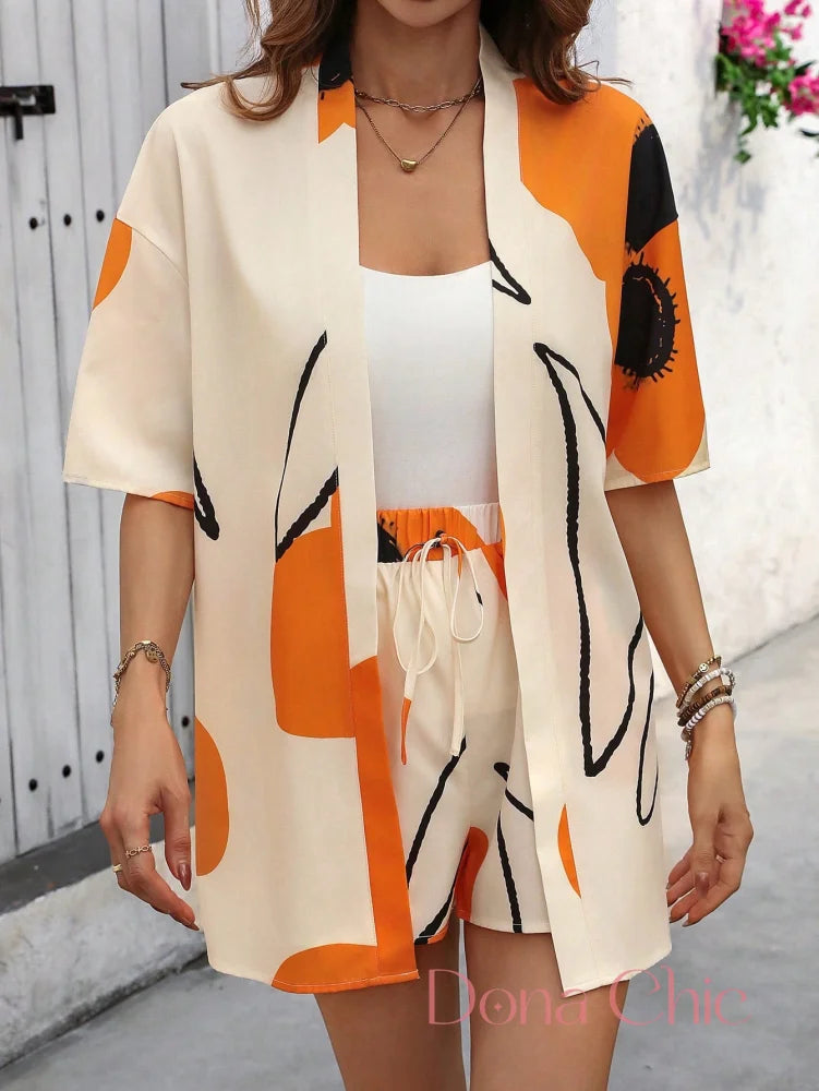 Conjunto Kimono Estampado Com Top Branco E Shorts Cor 1 / P Conjunto Kimono Estampado Com Top Branco E Shorts