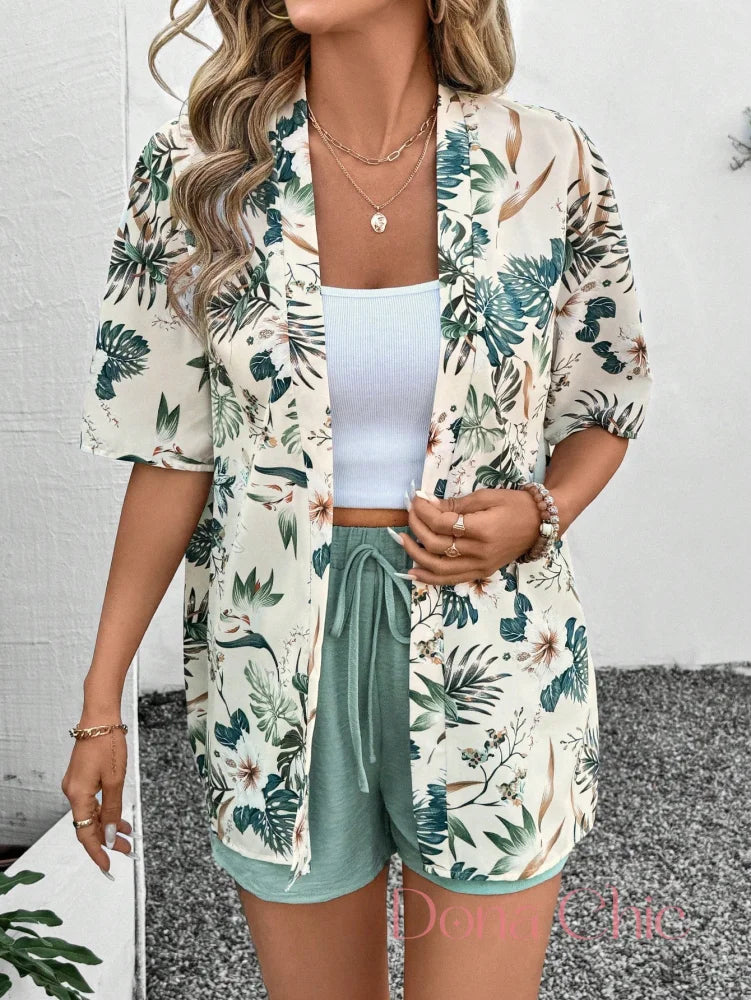 Conjunto Kimono Estampado Com Top Branco E Shorts Cor 2 / P Conjunto Kimono Estampado Com Top Branco E Shorts