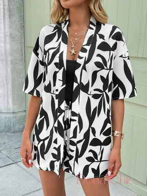 Conjunto Kimono Estampado Com Top Branco E Shorts Cor 4 / P Conjunto Kimono Estampado Com Top Branco E Shorts