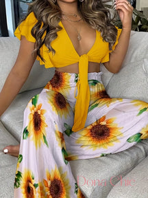 Conjunto Laço Frontal Com Calça Estampada Floral Amarelo / P Conjunto Laço Frontal Com Calça Estampada Floral