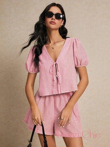 Conjunto Listrado Com Amarração E Mangas Bufantes Vermelho e Branco / P Conjunto Listrado Com Amarração E Mangas