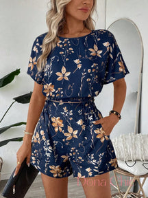 Conjunto Listrado Com Blusa Solta E Shorts Elegante Azul Marinho / P Conjunto Regata Contrastante Com Shorts De Cintura