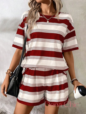 Conjunto Listrado Com Camiseta E Shorts Confortável Conjunto Casual com Blusa Solta e Shorts