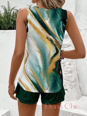 Conjunto Listrado Regata Com Shorts De Amarração Conjunto Listrado com Regata e Camiseta de Manga Curta