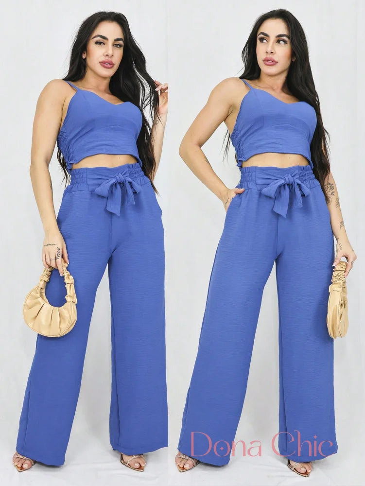 Conjunto Macacão Com Cinto E Calça Pantalona Azul / P Conjunto Macacão Com Cinto E Calça Pantalona