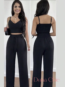 Conjunto Macacão Com Cinto E Calça Pantalona Preto / P Conjunto Macacão Com Cinto E Calça Pantalona