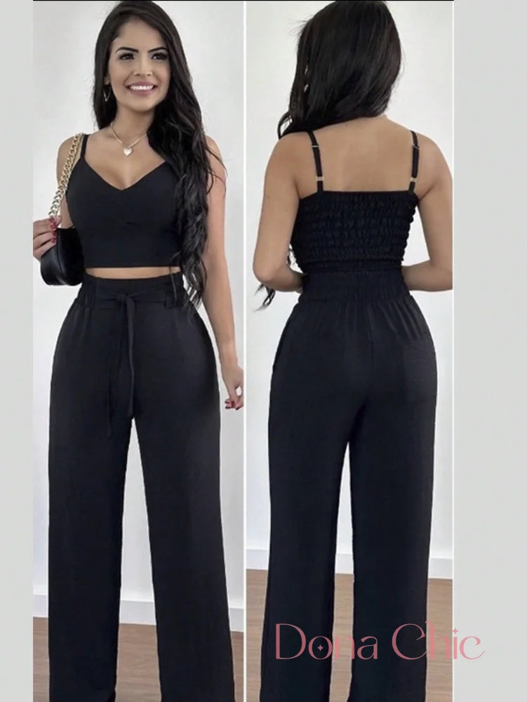 Conjunto Macacão Com Cinto E Calça Pantalona Preto / P Conjunto Macacão Com Cinto E Calça Pantalona