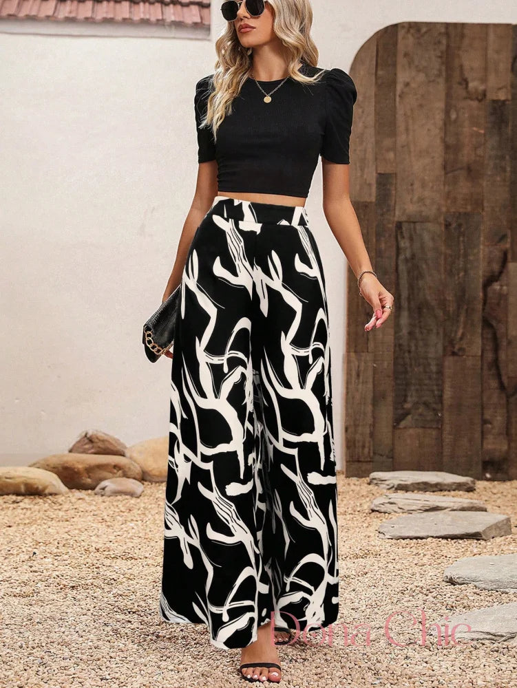 Conjunto Manga Bufante Com Calça Estampada Flare Cor 3 / P Conjunto Manga Bufante Com Calça Estampada Flare
