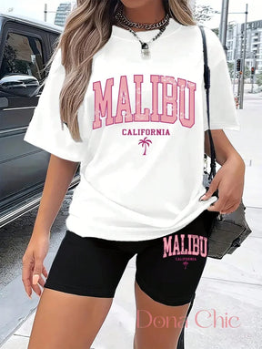 Conjunto Oversized Malibu Com Bermuda Ciclista Estilosa Branco / P Conjunto Estampado com T-shirt Gola Redonda e Shorts