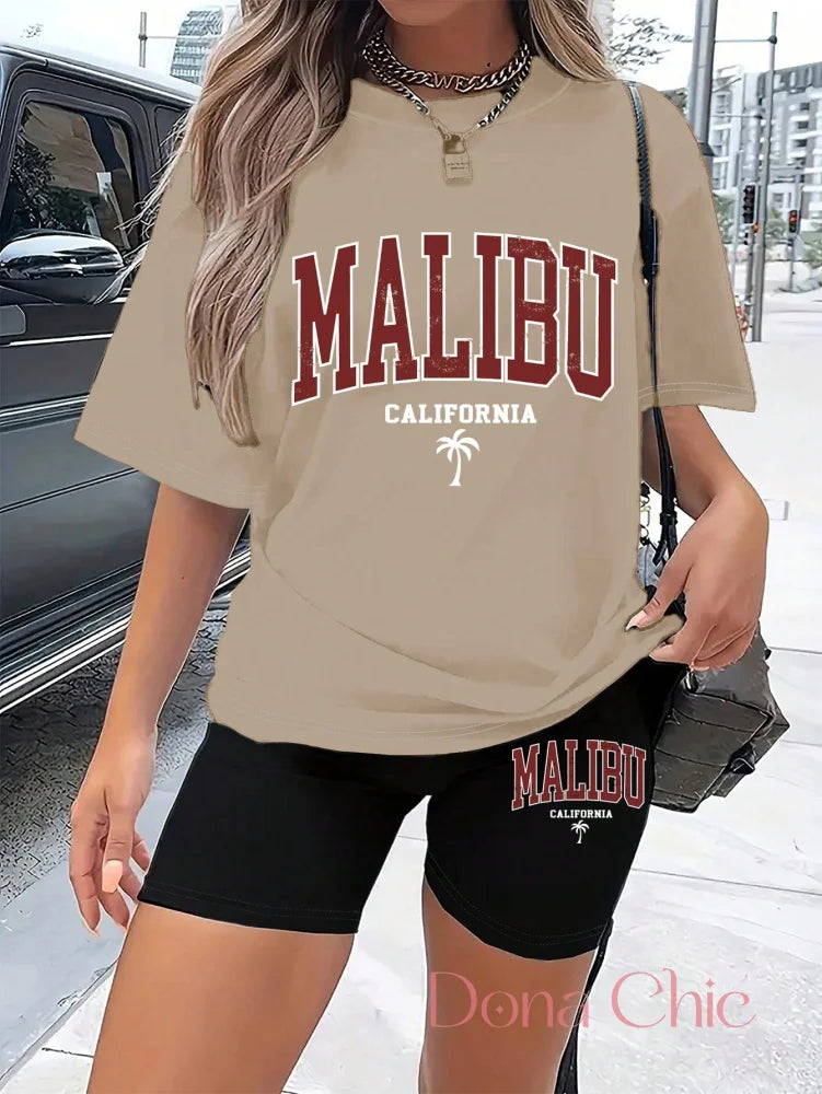 Conjunto Oversized Malibu Com Bermuda Ciclista Estilosa Caqui / P Conjunto Estampado com T-shirt Gola Redonda e Shorts