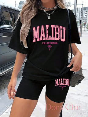 Conjunto Oversized Malibu Com Bermuda Ciclista Estilosa Preto / P Conjunto Estampado com T-shirt Gola Redonda e Shorts
