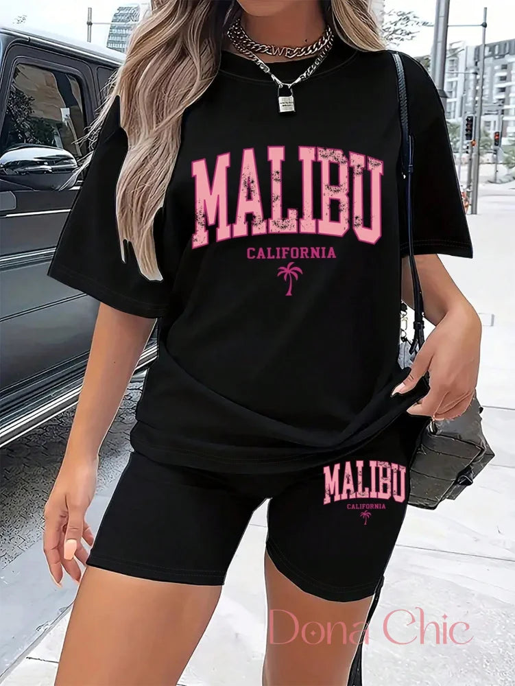 Conjunto Oversized Malibu Com Bermuda Ciclista Estilosa Preto / P Conjunto Estampado com T-shirt Gola Redonda e Shorts