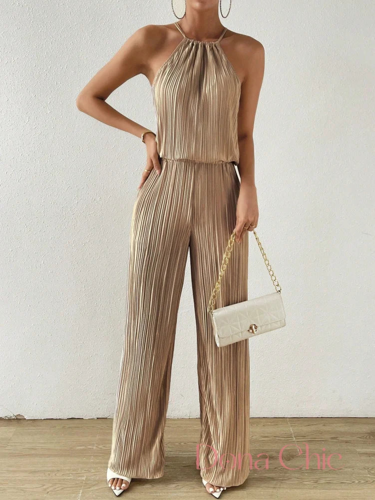 Conjunto Plissado Com Blusa Halter E Calça Ampla Caqui / P Conjunto Plissado Com Blusa Halter E Calça Ampla