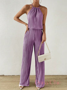 Conjunto Plissado Com Blusa Halter E Calça Ampla Roxo / P Conjunto Plissado Com Blusa Halter E Calça Ampla