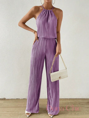 Conjunto Plissado Com Blusa Halter E Calça Ampla Roxo / P Conjunto Plissado Com Blusa Halter E Calça Ampla