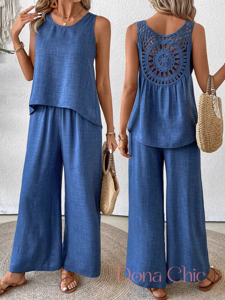 Conjunto Regata Com Detalhe Vazado E Calça Pantalona Azul / P Conjunto Regata Com Detalhe Vazado E Calça Pantalona