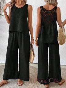 Conjunto Regata Com Detalhe Vazado E Calça Pantalona Preto / P Conjunto Regata Com Detalhe Vazado E Calça Pantalona