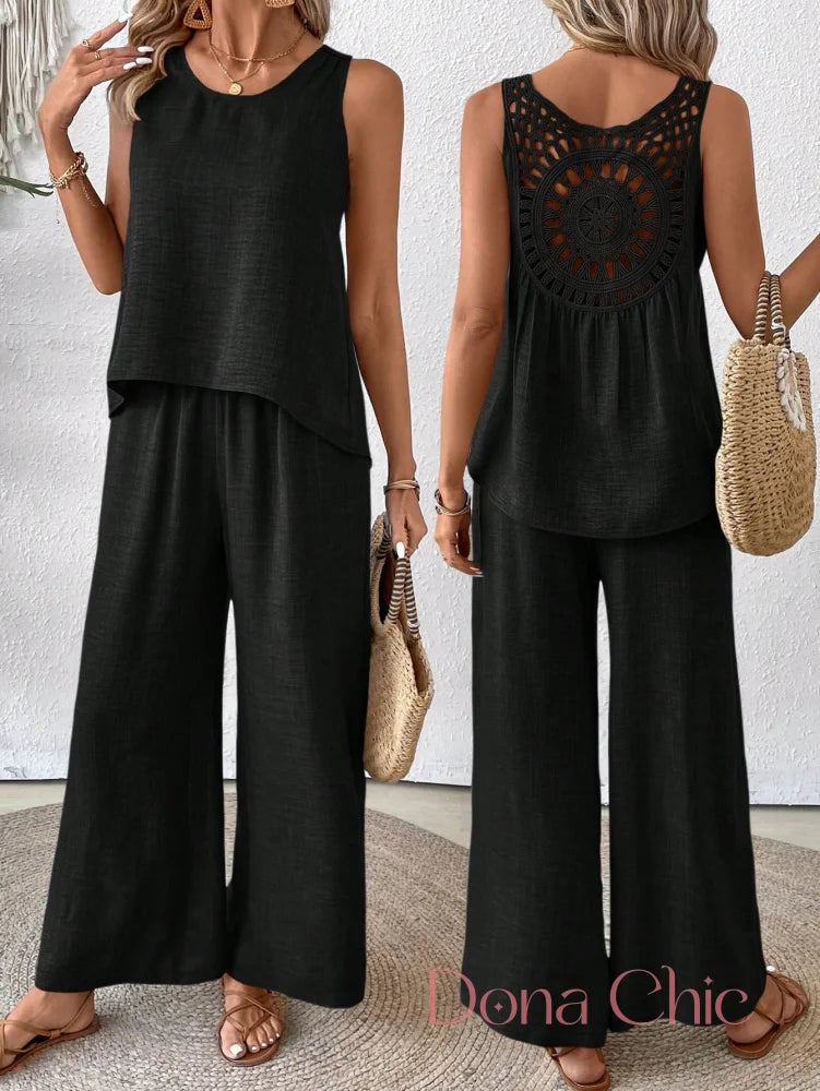 Conjunto Regata Com Detalhe Vazado E Calça Pantalona Preto / P Conjunto Regata Com Detalhe Vazado E Calça Pantalona