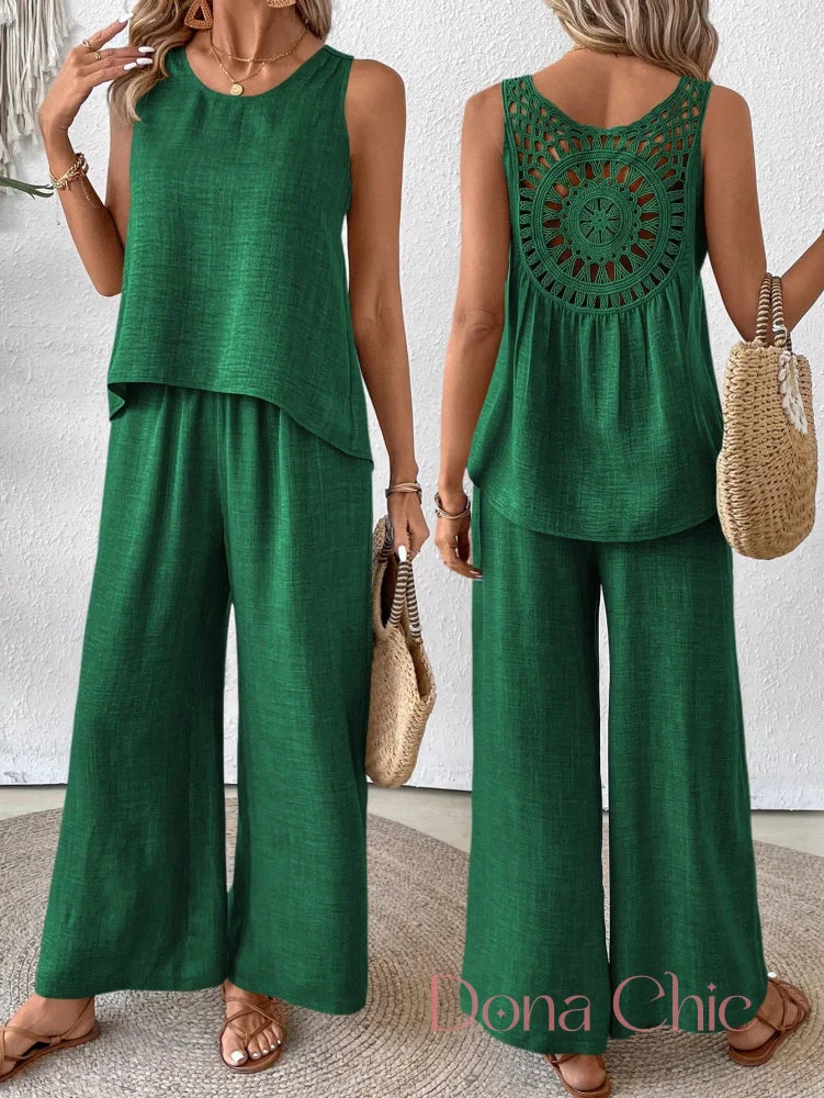 Conjunto Regata Com Detalhe Vazado E Calça Pantalona Verde / P Conjunto Regata Com Detalhe Vazado E Calça Pantalona