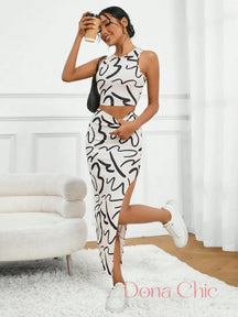 Conjunto Regata Com Saia Midi Estampada Fenda Lateral Branco / P Conjunto Casual com Top Regata e Saia com Fenda Lateral