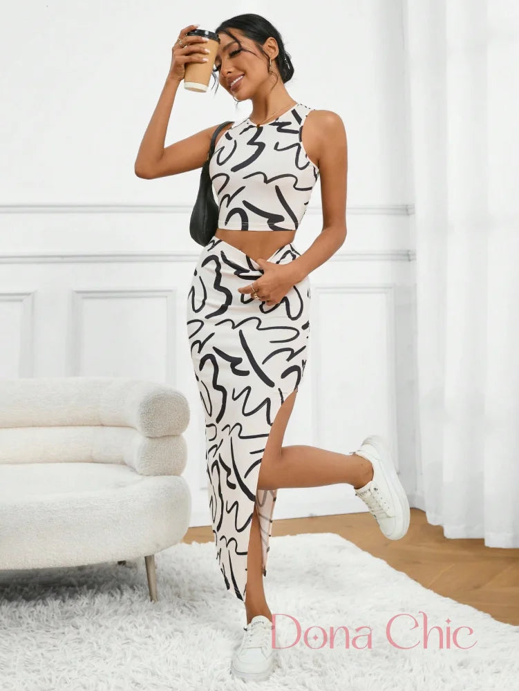 Conjunto Regata Com Saia Midi Estampada Fenda Lateral Branco / P Conjunto Casual com Top Regata e Saia com Fenda Lateral