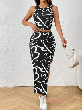 Conjunto Regata Com Saia Midi Estampada Fenda Lateral Conjunto Casual com Top Regata e Saia com Fenda Lateral