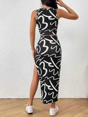 Conjunto Regata Com Saia Midi Estampada Fenda Lateral Conjunto Casual com Top Regata e Saia com Fenda Lateral