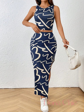 Conjunto Regata Com Saia Midi Estampada Fenda Lateral Conjunto Casual com Top Regata e Saia com Fenda Lateral