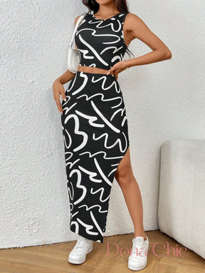 Conjunto Regata Com Saia Midi Estampada Fenda Lateral Conjunto Casual com Top Regata e Saia com Fenda Lateral