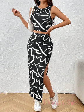 Conjunto Regata Com Saia Midi Estampada Fenda Lateral Preto / P Conjunto Casual com Top Regata e Saia com Fenda Lateral
